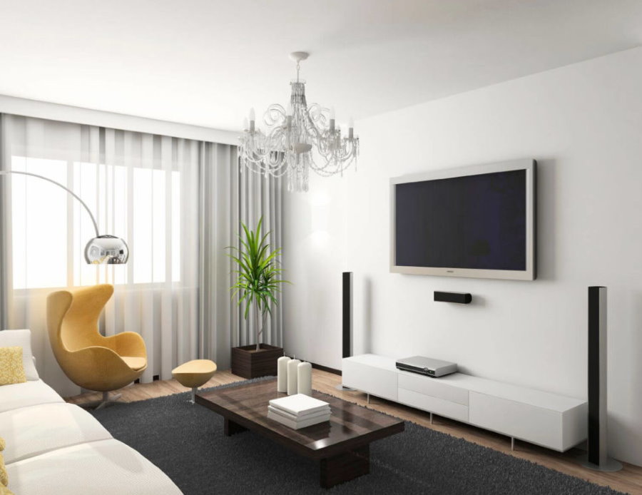 Gul lenestol i en stue i minimalistisk stil