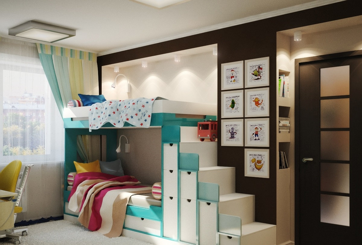 arrangement of a nursery bed with drawers