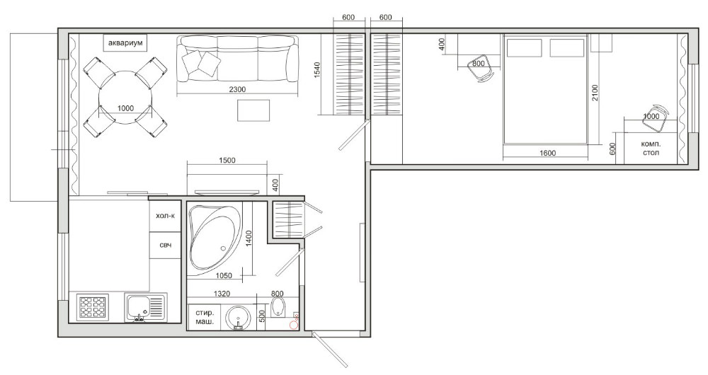 Plan van een tweekamer Chroesjtsjov in een bakstenen huis