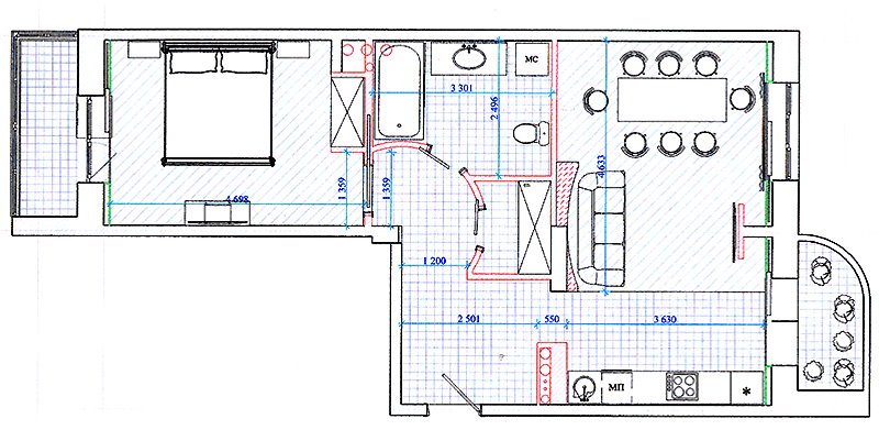 Schema van het appartement onder vest na herontwikkeling