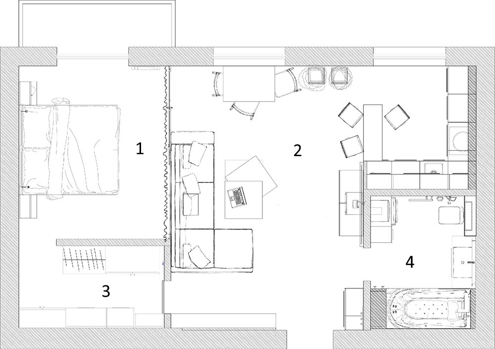 Regeling van de herontwikkeling van stalinka 70 vierkante meter in een studio-appartement