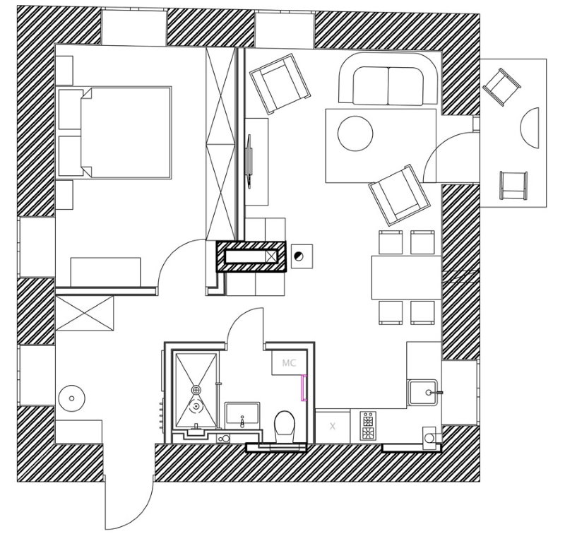 Plán dvojizbového bytu 42 metrov štvorcových