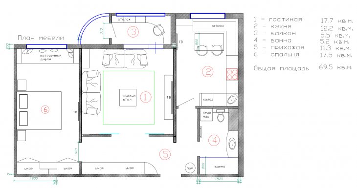 Plan van een driekamerappartement met een oppervlakte van ongeveer 70 vierkante meter