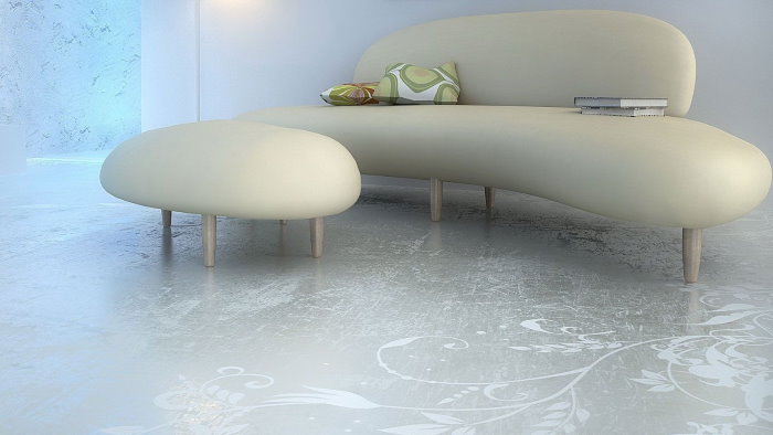 Dizaineru mēbeles uz polimēra grīdas viesistabā