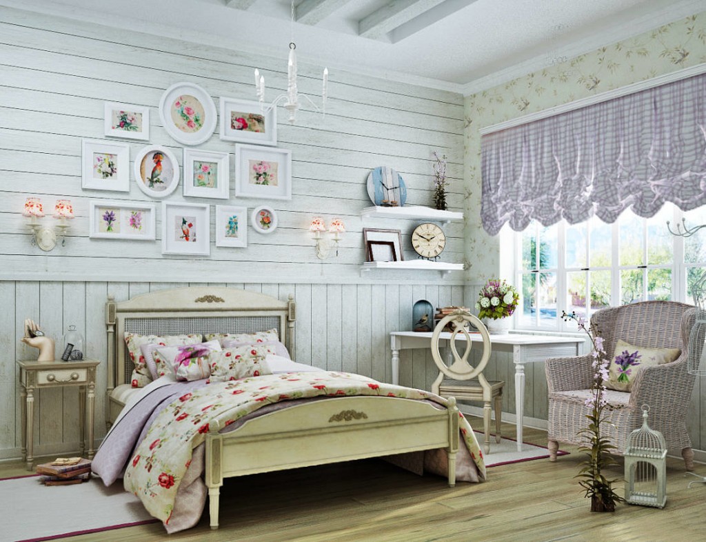 Wooden bed on thin legs in the girl's room
