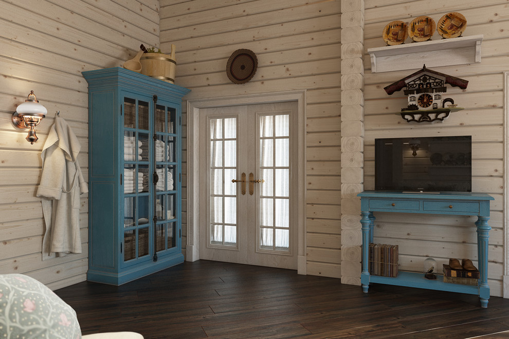 Đồ nội thất màu xanh trong một ngôi nhà gỗ làm bằng gỗ