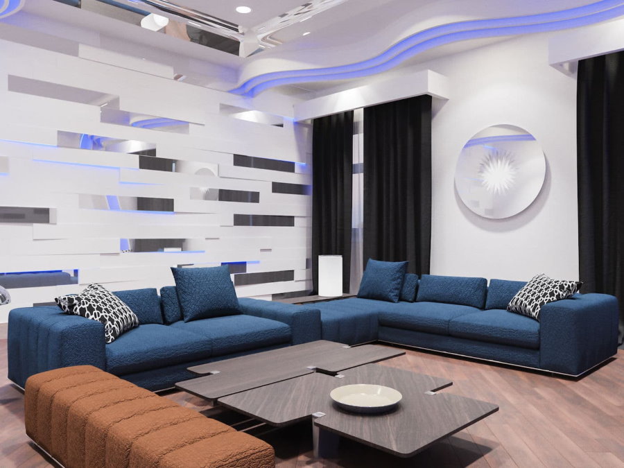 Høyteknologisk salong med blå sofaer