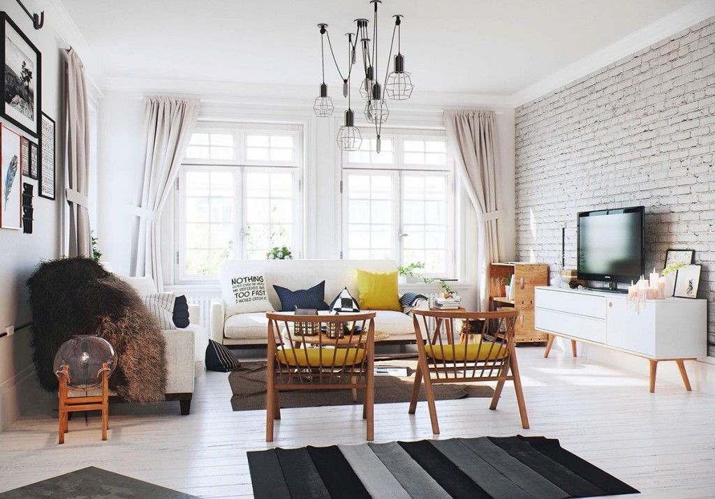 Drevené stoličky v interiéri obývacej izby v škandinávskom štýle
