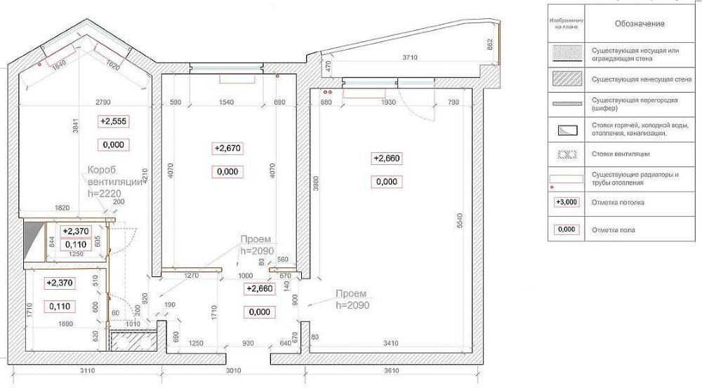 P44t serijos namo dviejų kambarių buto matavimo schema