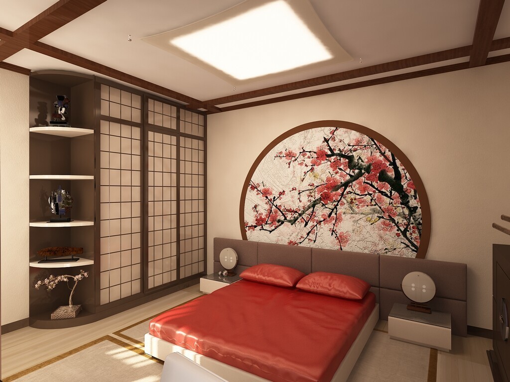 Slaapkamer in Japanse stijl in een appartement met twee slaapkamers