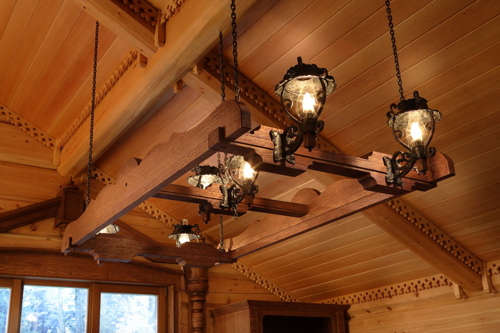 Wooden lamp on the ceiling of a house made of timber