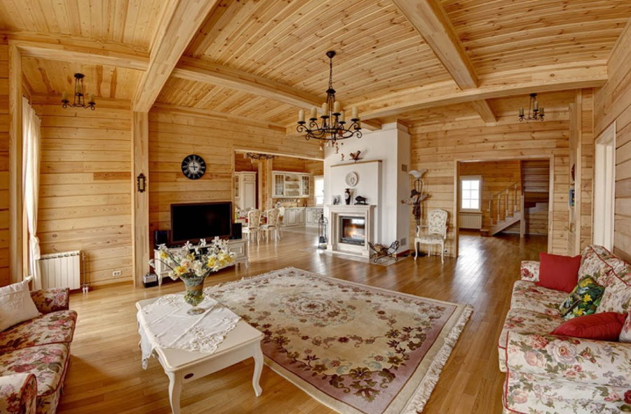 Wooden ceiling in the living room of a country house