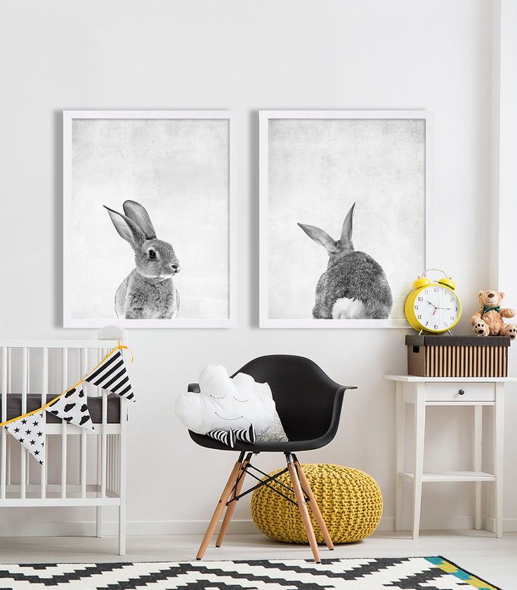 Hare on black and white posters in a children's room
