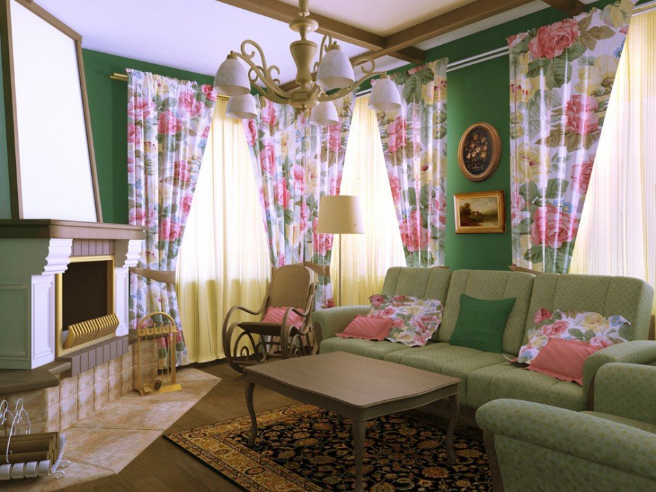 Provence stílusú nappali belső kanapéval.