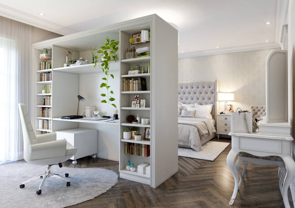 White partition cabinet with a desk