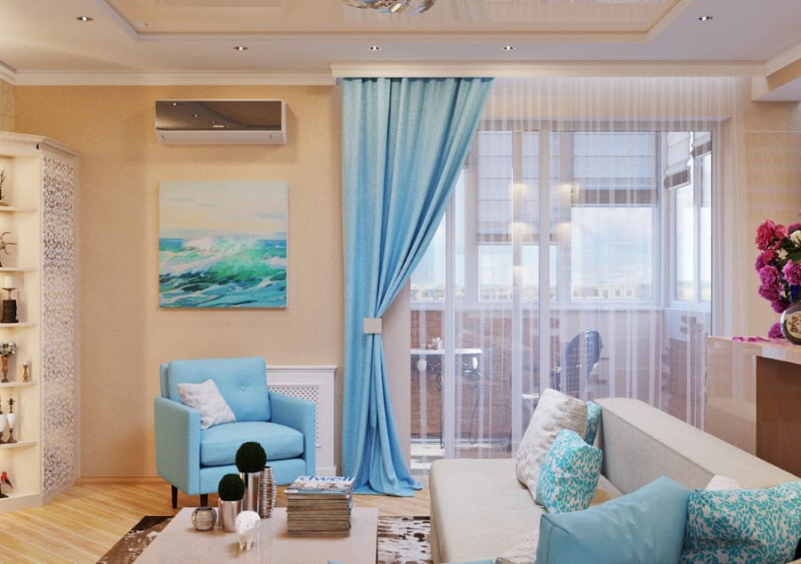 Turquoise curtain in odnushka panel house