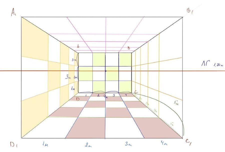 Desenho em perspectiva de uma sala com quadrados de escala