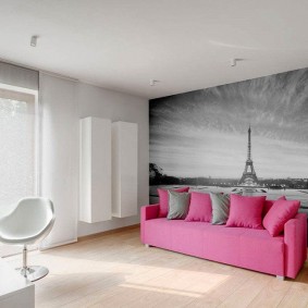 Ružová pohovka v obývacej izbe s fotografickou tapetou