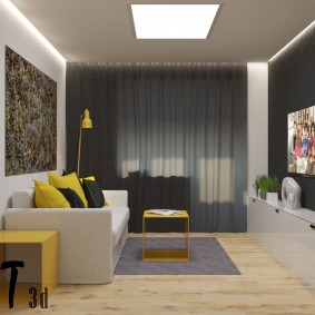 Žlté akcenty v šedom interiéri obývacej izby