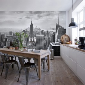 Wall mural in a small kitchen