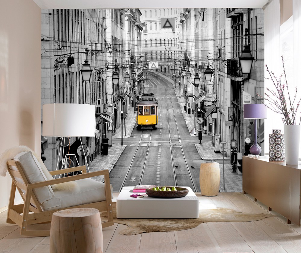 3D-tapet med fotoutskrift av byen på veggen i stuen