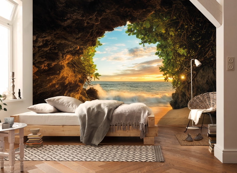 Wall mural with perspective on bedroom wall