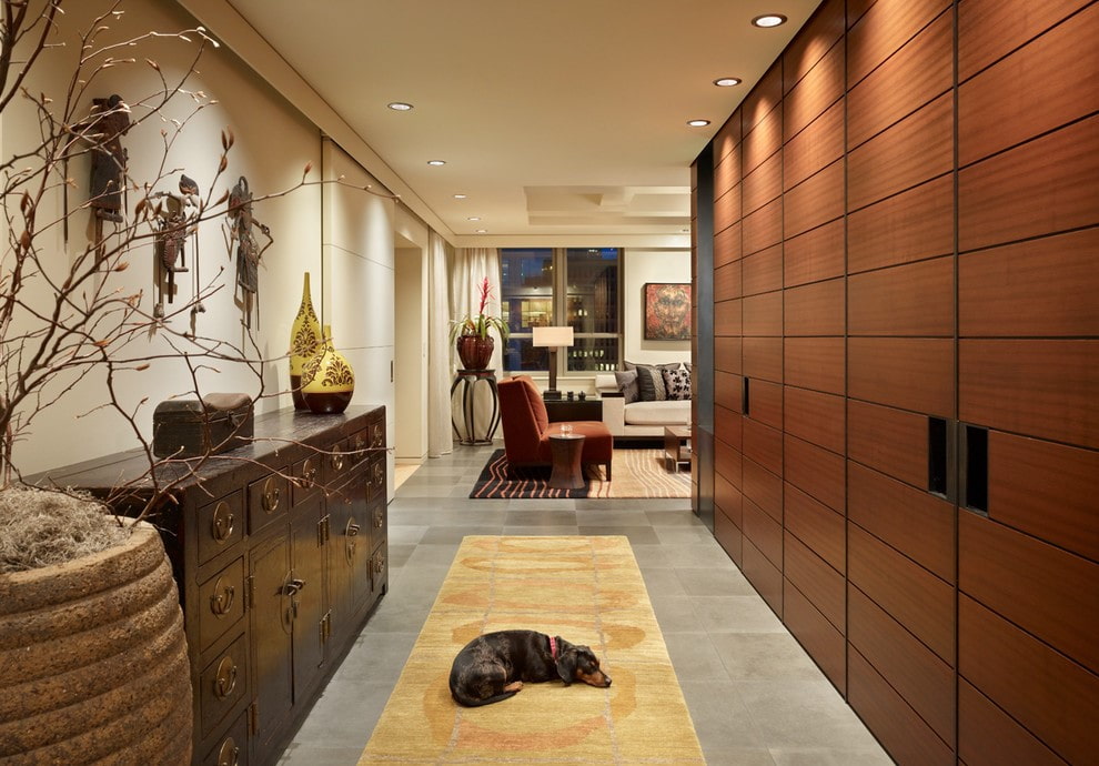 Brown cabinet facades in the hallway