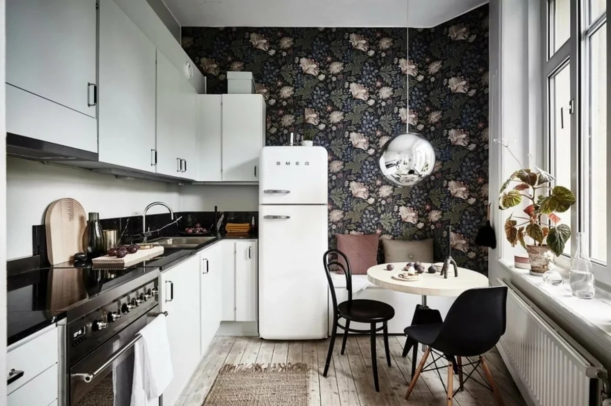 dark wallpaper on a small kitchen