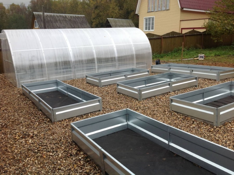 Galvanized beds near the polycarbonate greenhouse