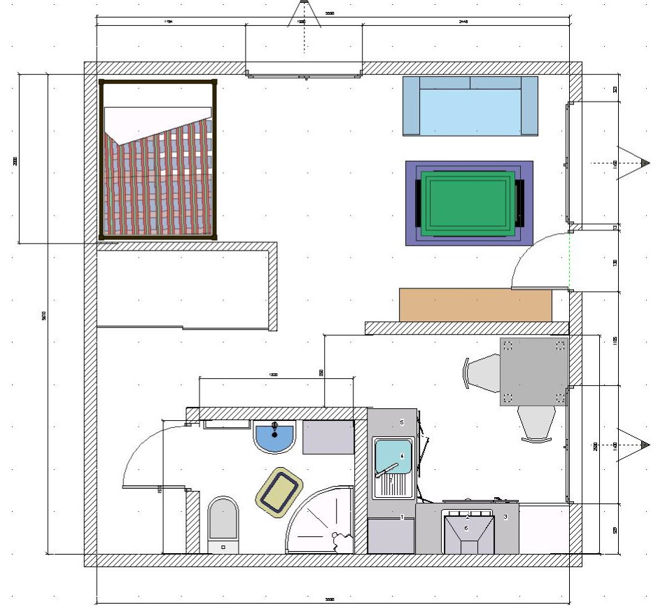 Plan with the placement of furniture in a one-room Khrushchev