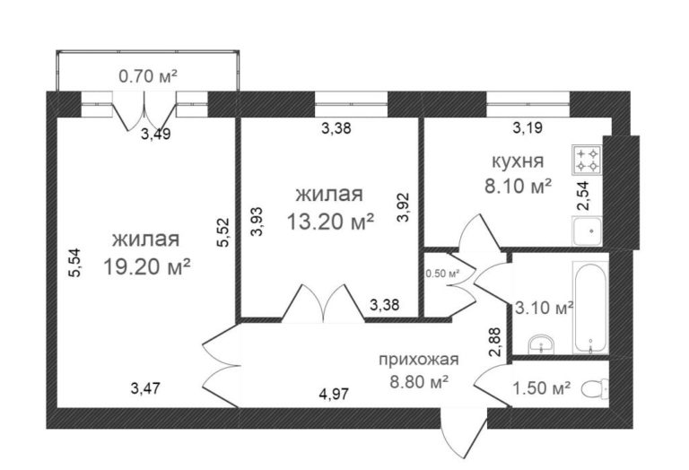 Kaavio kahden huoneen stalinkaista valkoisessa tiilitalossa